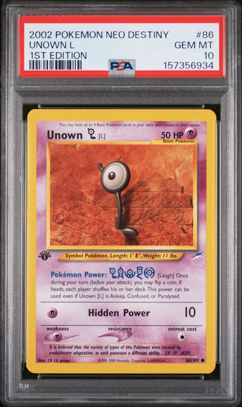 PSA 10 GEM MINT Unown L 1st Edition 86/105 Pokémon 2002 Neo Destiny Graded Card